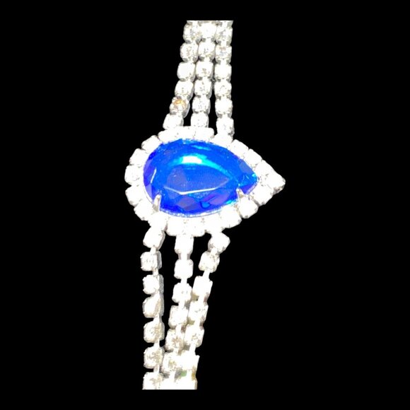 7 Inches Bracelet Blue Pear-Shaped Stone Rhinestone Silver-Toned - Picture 3 of 9